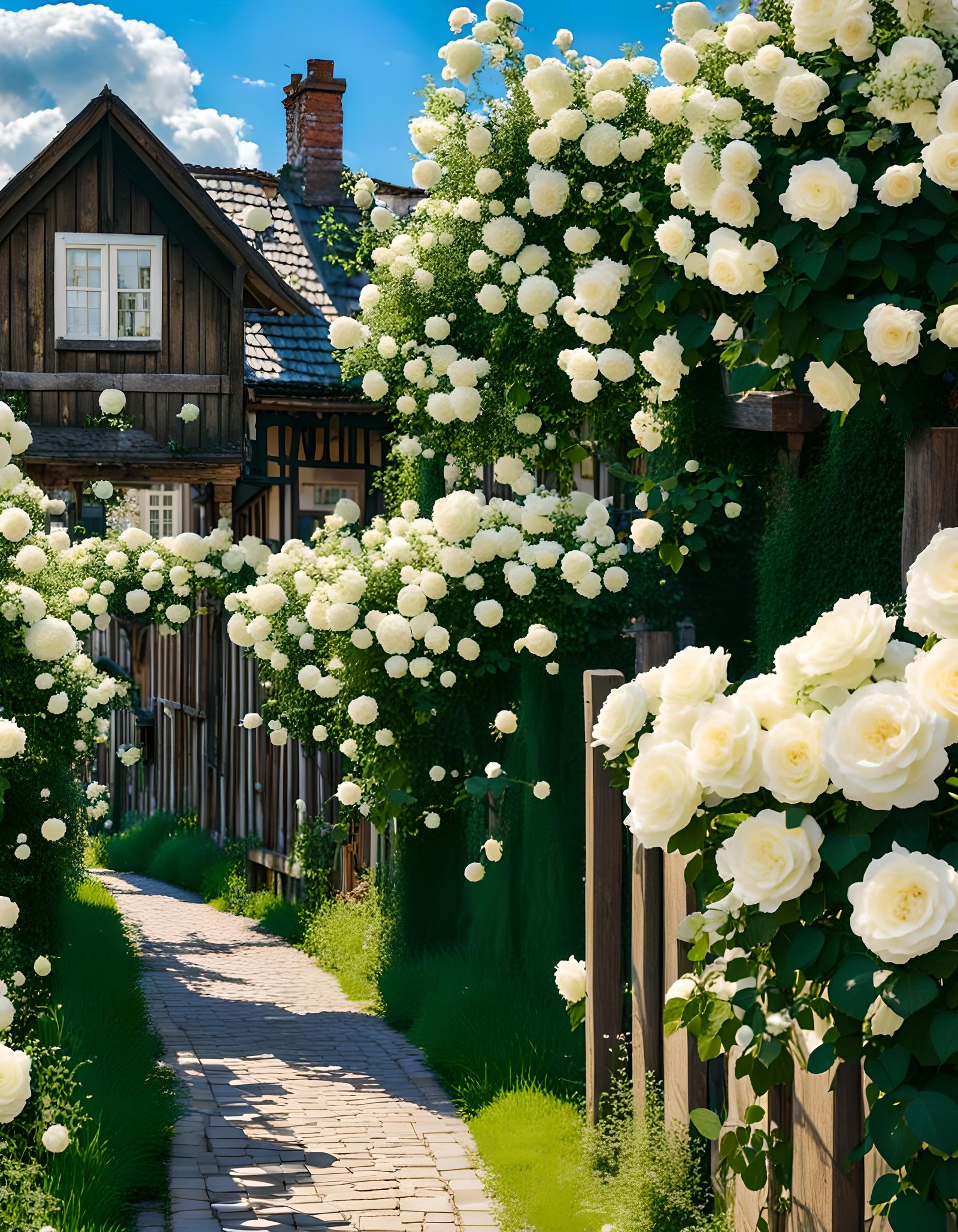 Cozy Town Street with White Roses in Sunlight