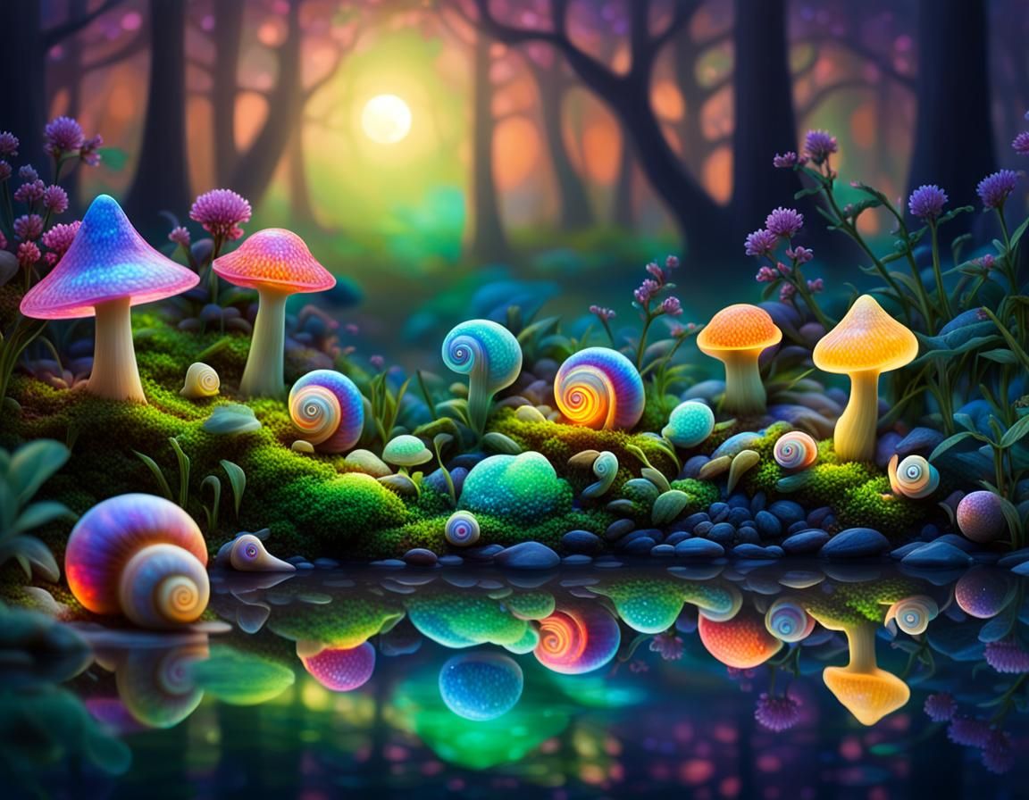 Iridescent Snails in Moonlit Ecosystem