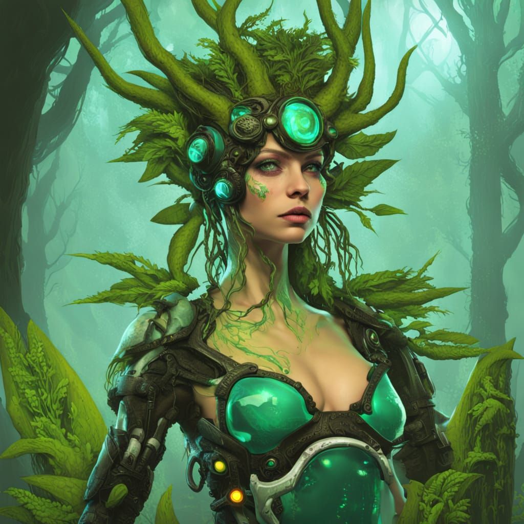 Cyberpunk Dryad Emerges in Neon City