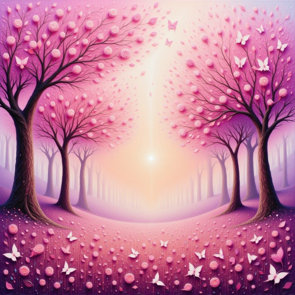 Cherry Blossom Field with Butterflies in Surreal Style
