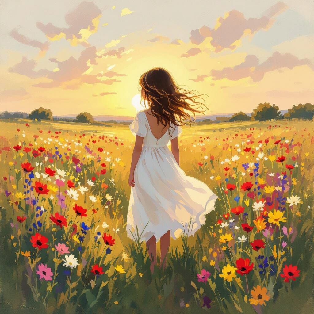 Animated Girl in Wildflower Field at Sunset