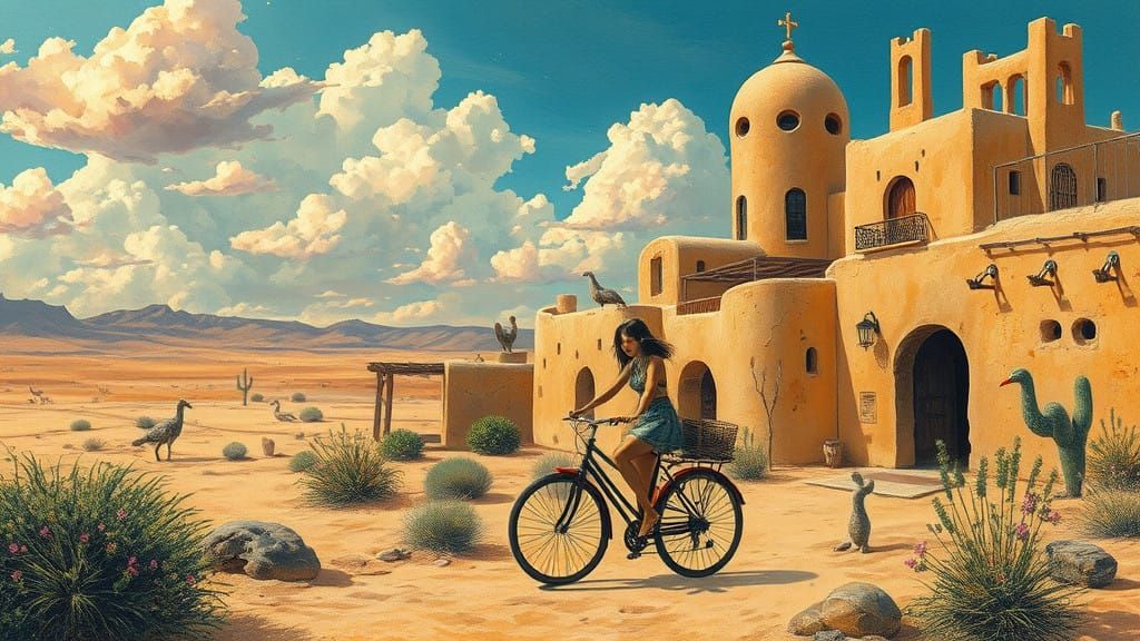 Surreal Desert Oasis in Mixed Whimsical Styles