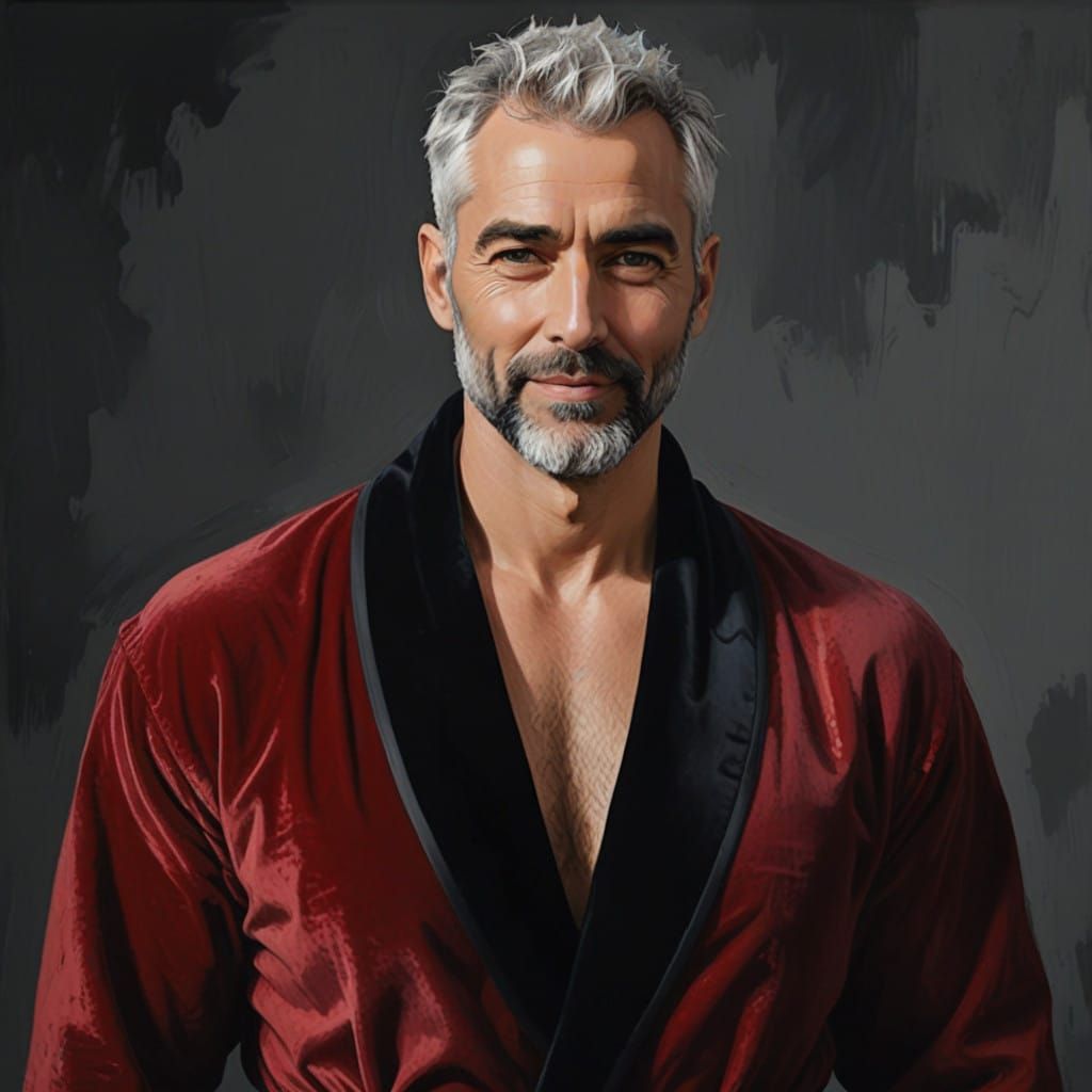 Elegant Silver Daddy in Burgundy Velvet Robe