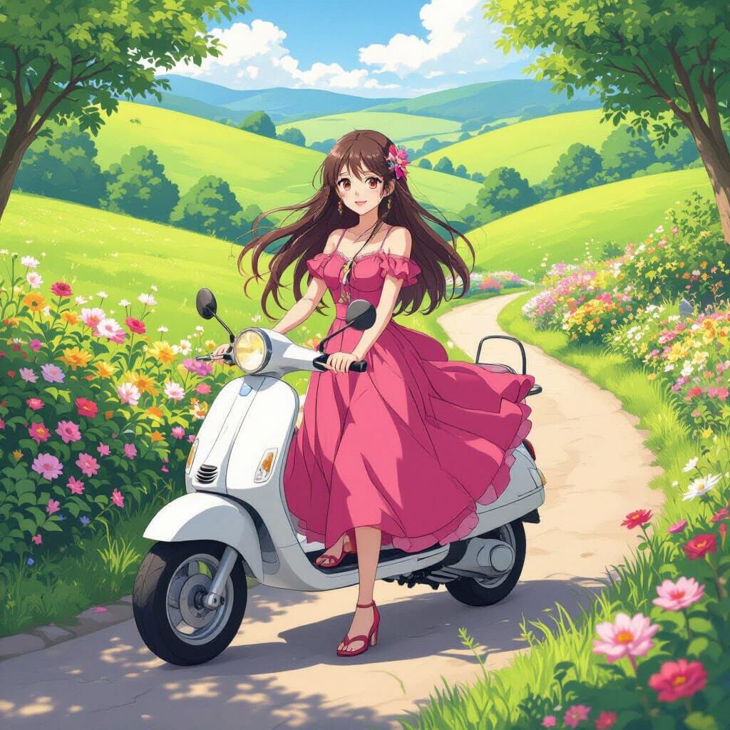 Anime Lady Steps off Scooter in Lush Garden