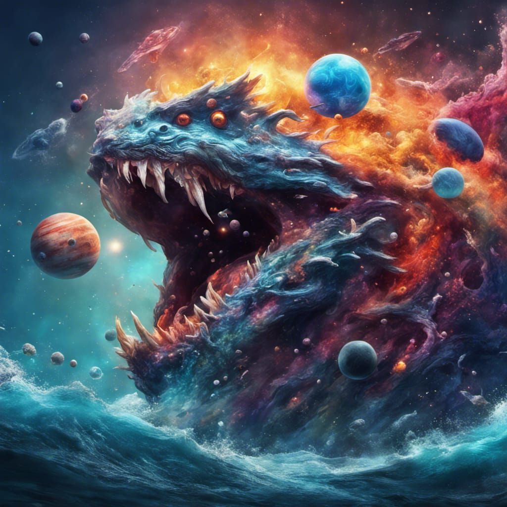 Ocean Monsters in Space: Hyperrealistic Splash Art