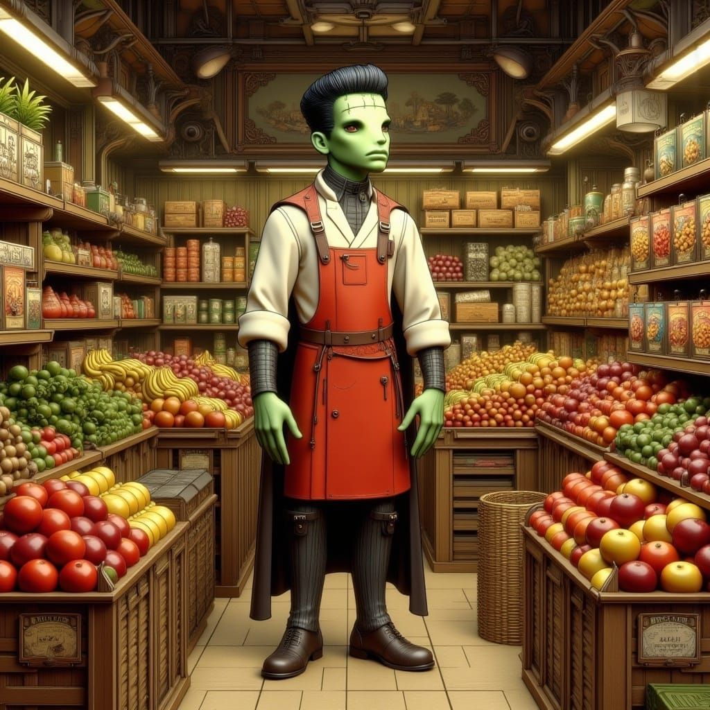 Frankenstein's Monster as Batboy in Grocery Store