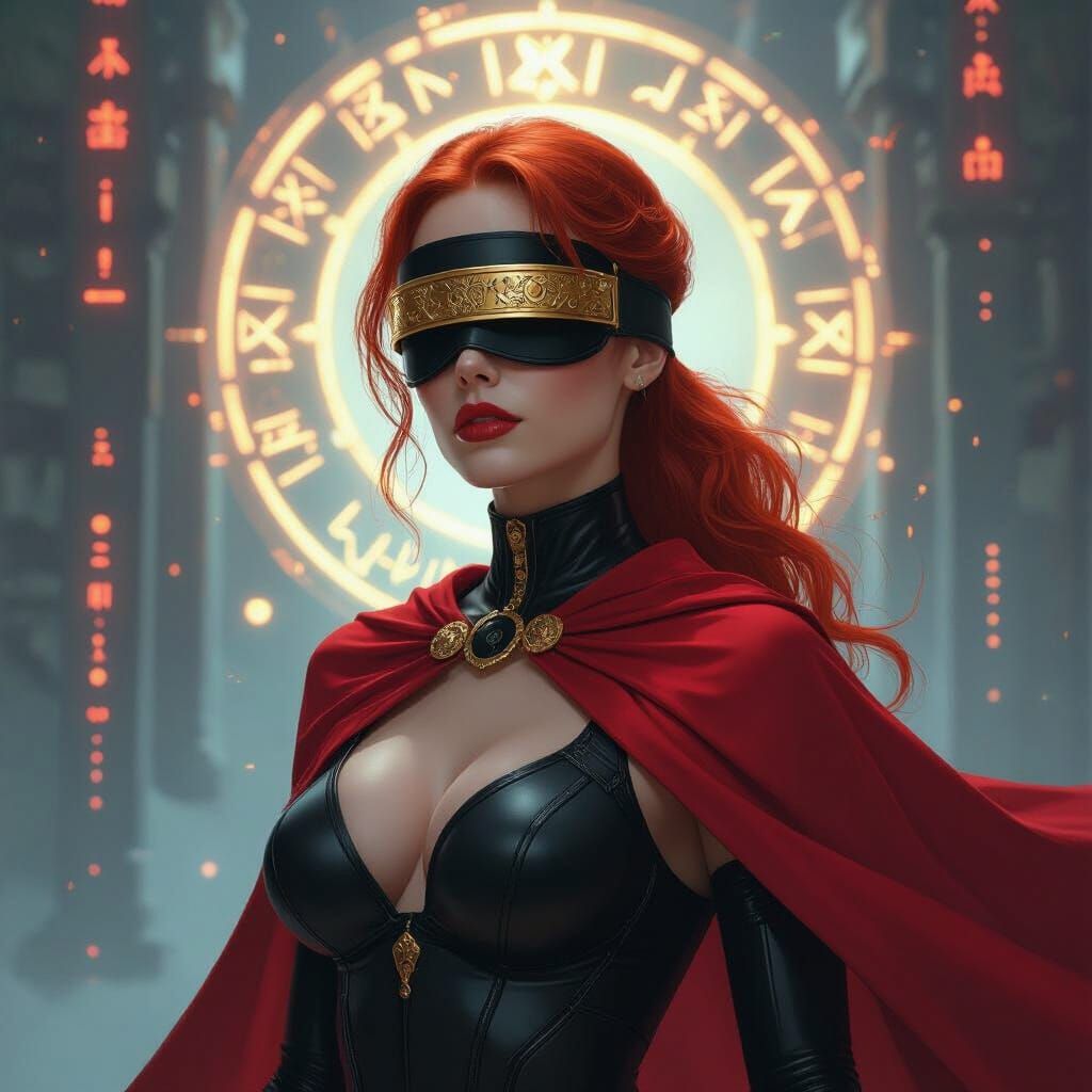 Cyberpunk Woman with Golden Mask in Digital Void