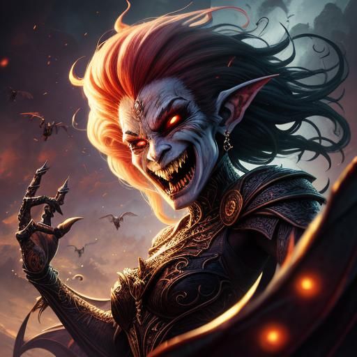 beautiful happy laughing shapeshifting vampire, demon, godde...