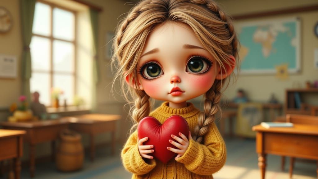 Sad Girl Holding Heart Toy in Pixar Style Classroom