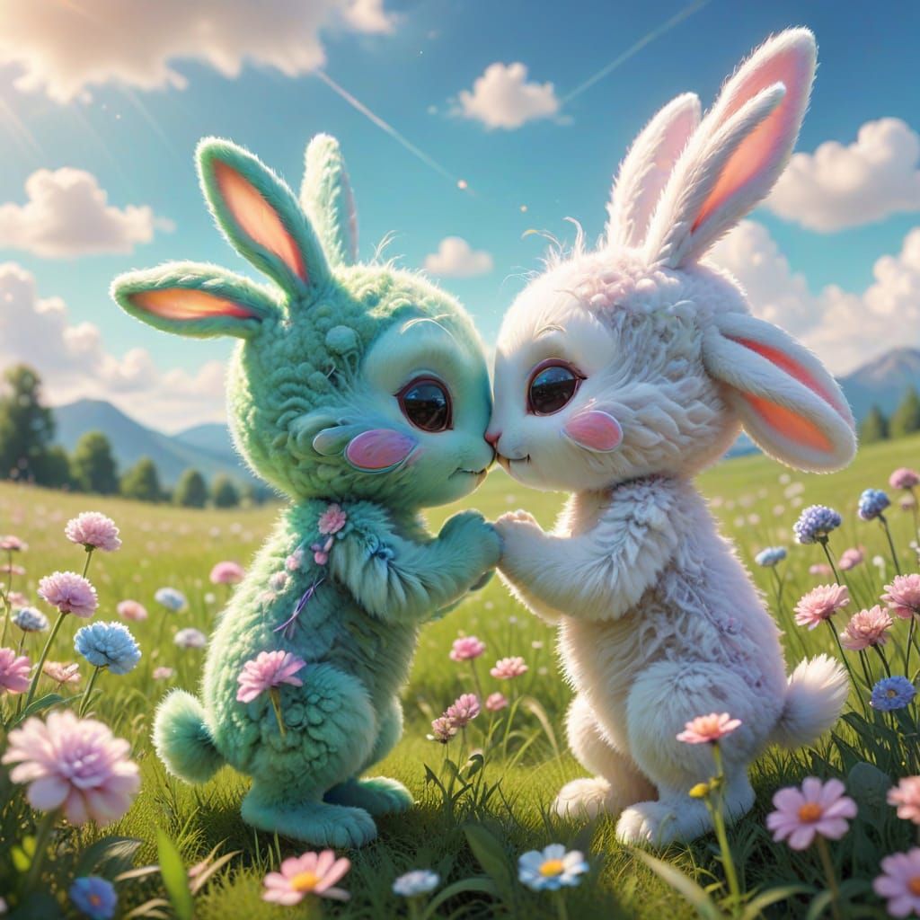 Whimsical Alien and Bunny Share a Sweet Kiss in a Sunny Mead...