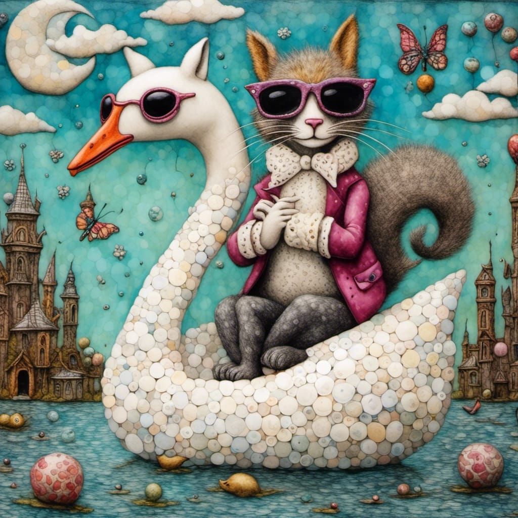 Whimsical Encaustic Collage: Cat and Squirrel Adventure