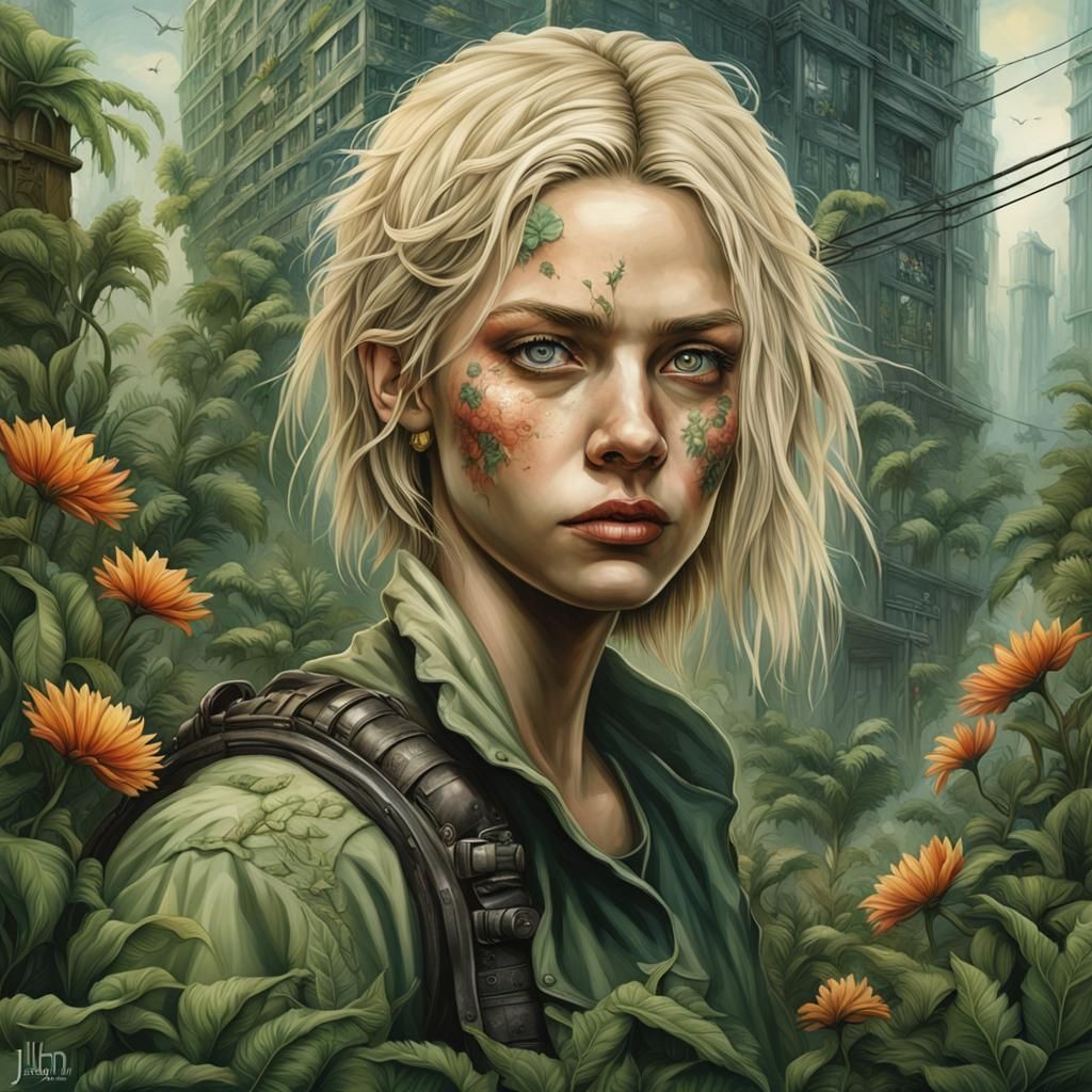 Blonde in Post-Apocalyptic Jungle, Hyperrealistic Portrait