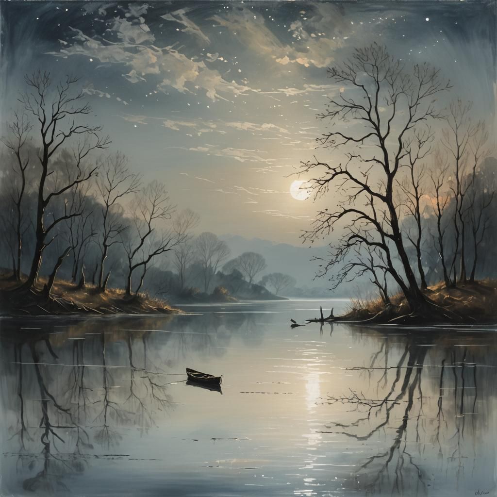 Dreamy Lake Scene Under Moonlight as Oil Painting