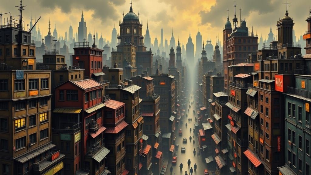 Crowded Dystopian Cityscape in Deco Surreal Style