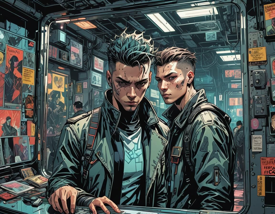 Cyberpunk Character Looking in Mirror, Comic Book Style
