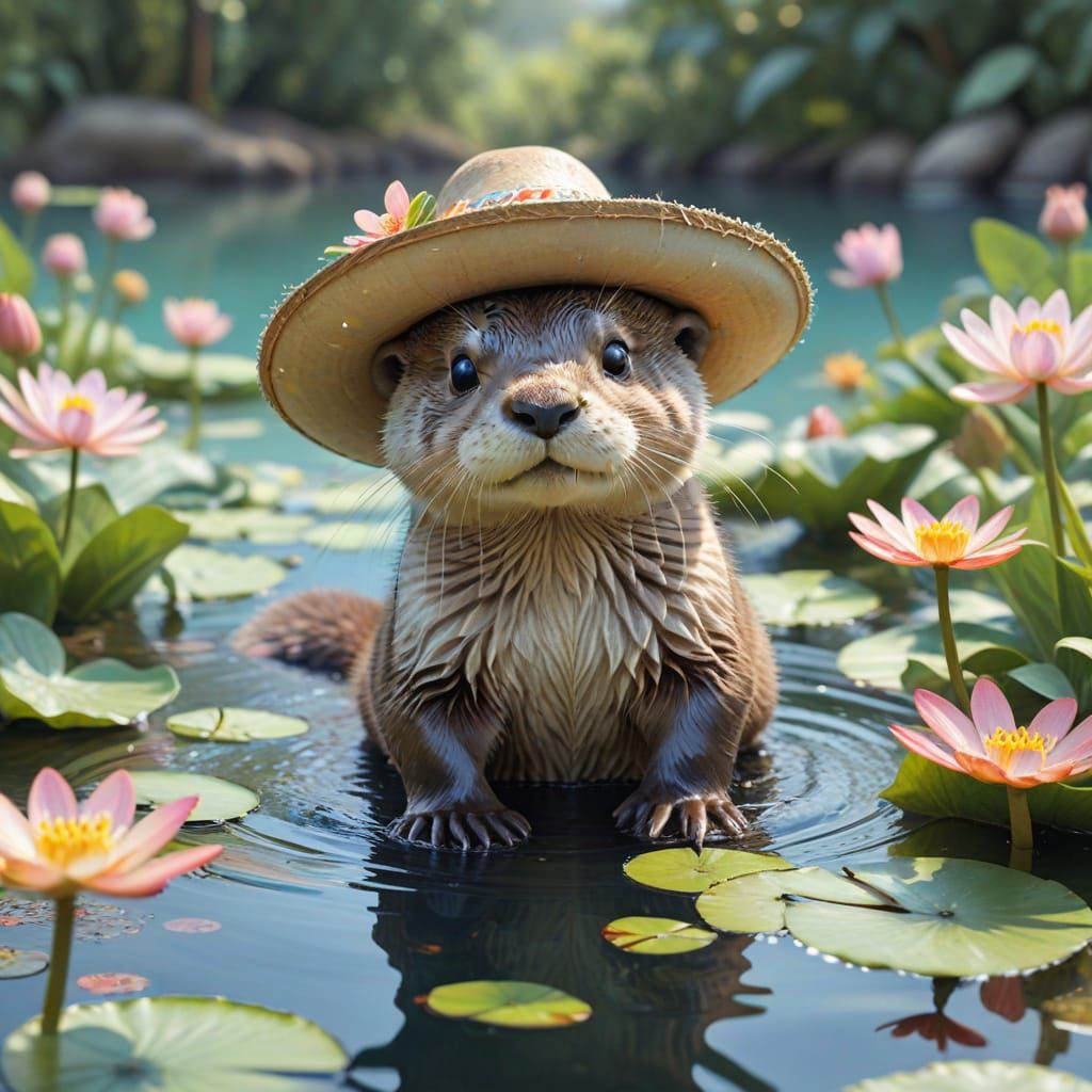 Otter in Sombrero on Lily Pad, Watercolor Style