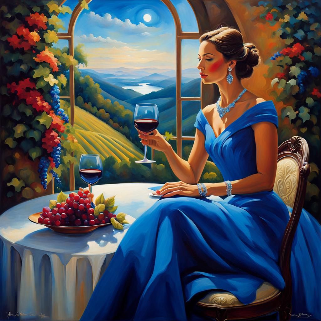 Woman in Blue Gown Drinking Wine in Fairytale Setting