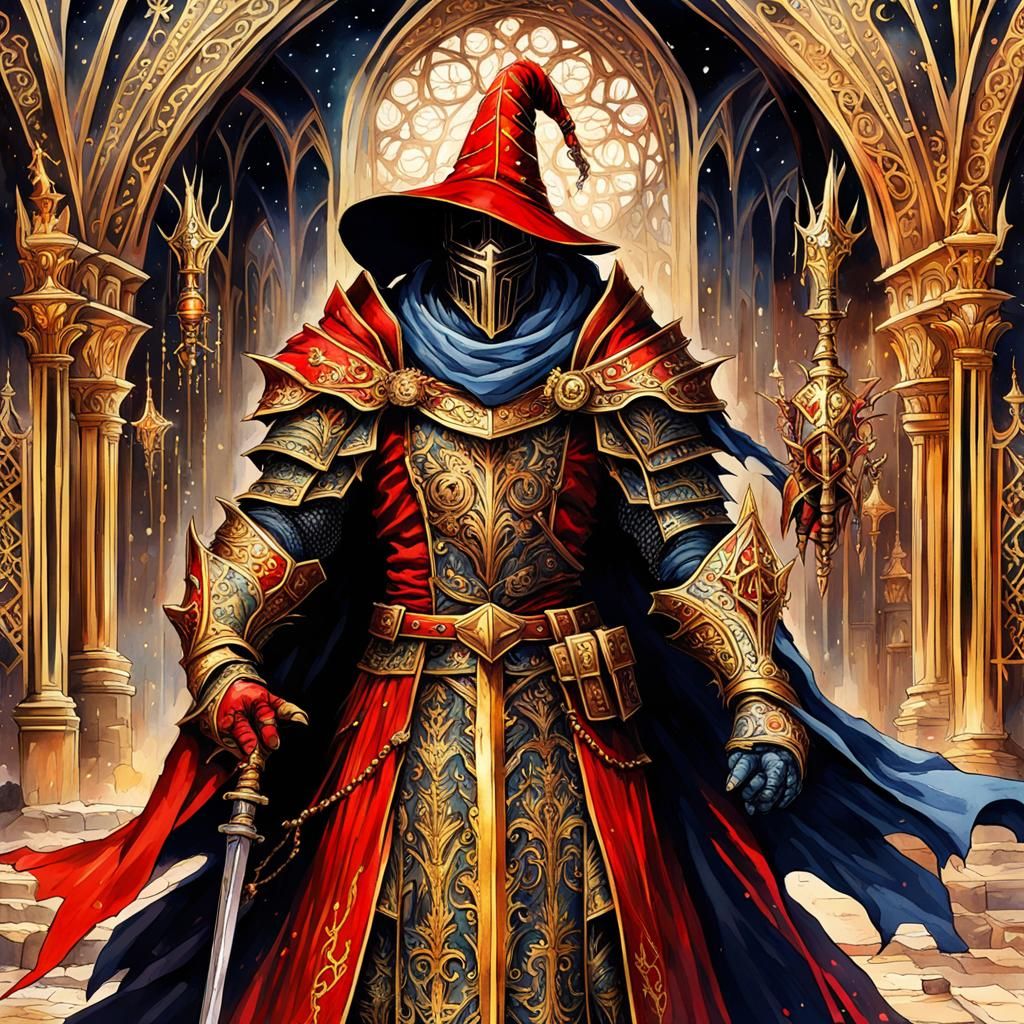 Gothic Wizard Knight with Crimson Cloak as Gouache