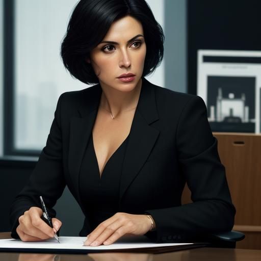 Hyperrealistic Close-Up of Spanish Woman in Office