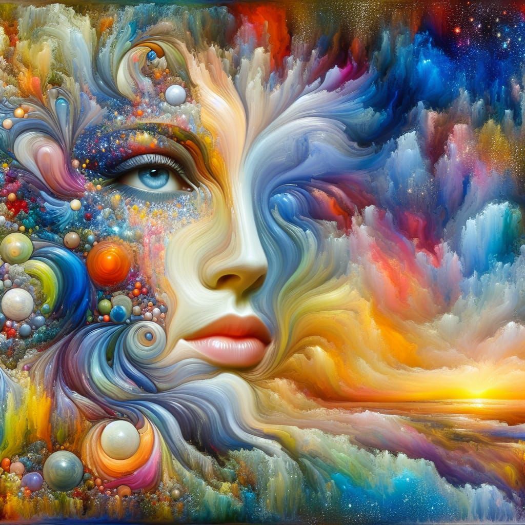 Dreamlike Landscape Merging into Face as Impasto Painting