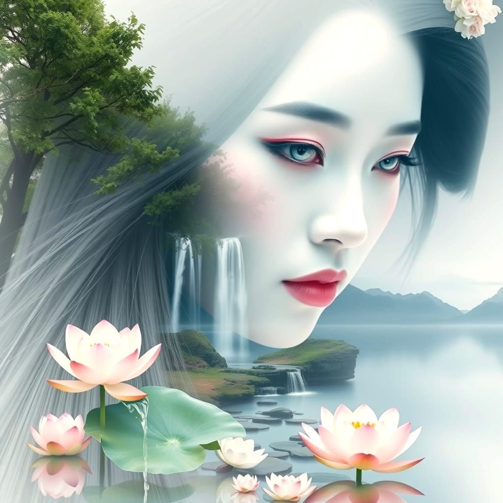 Geisha Double Exposure with Waterfall in Watercolor