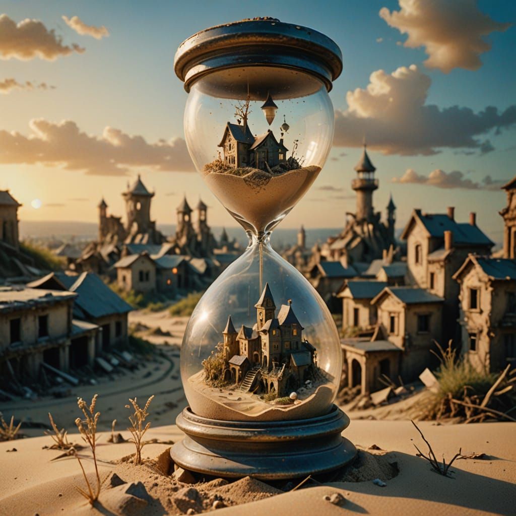 Surreal Hourglass: Bustling City Above, Ruined City Below