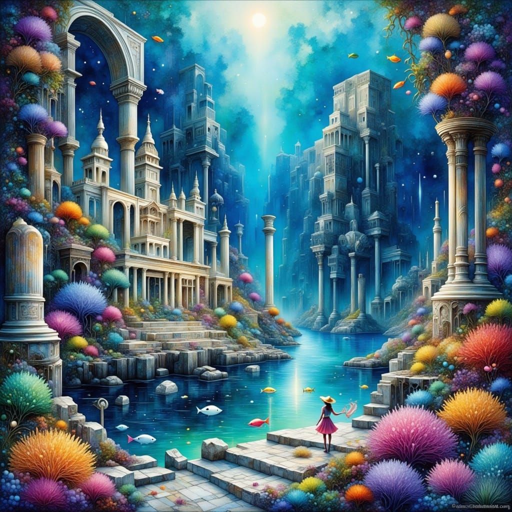 Sunken Greek City in Watercolor with Alcohol Ink