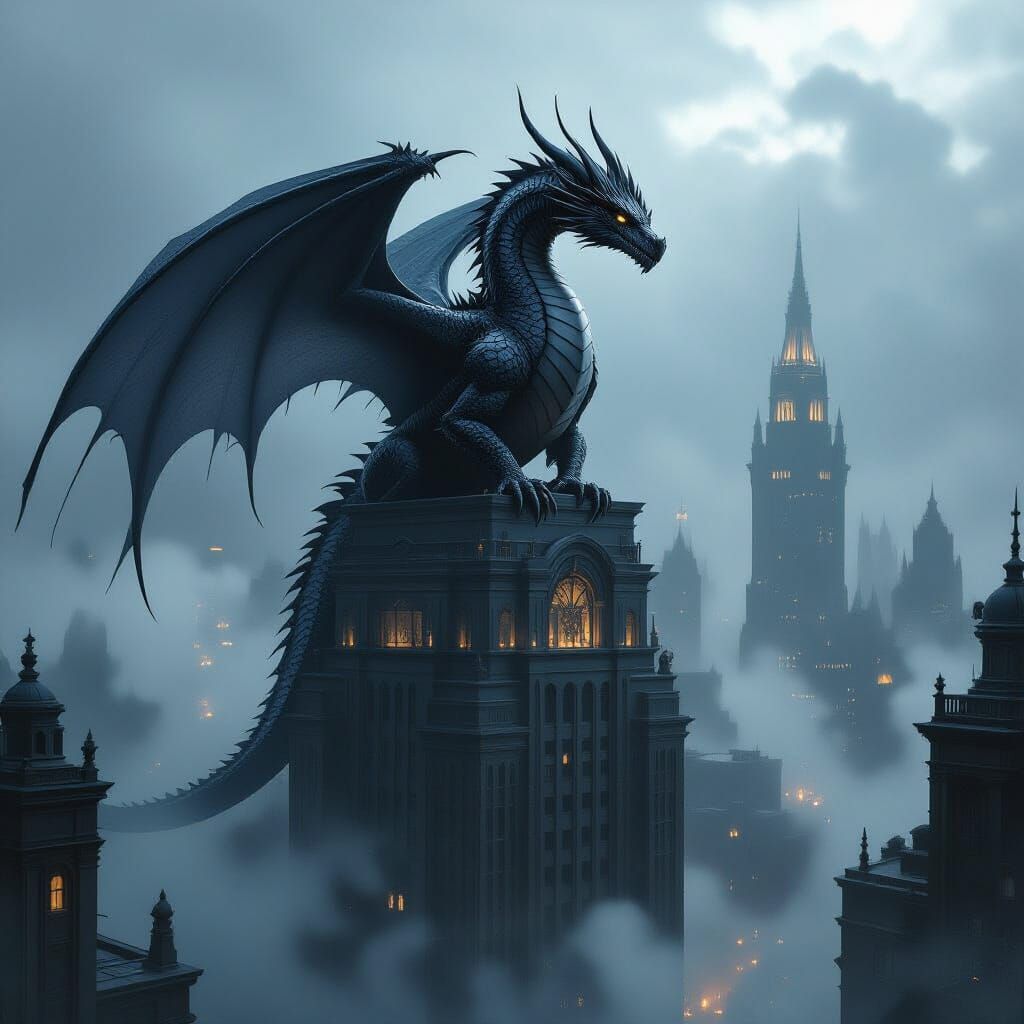 Majestic Dragon on Ruined Art Deco Skyscraper in Fog