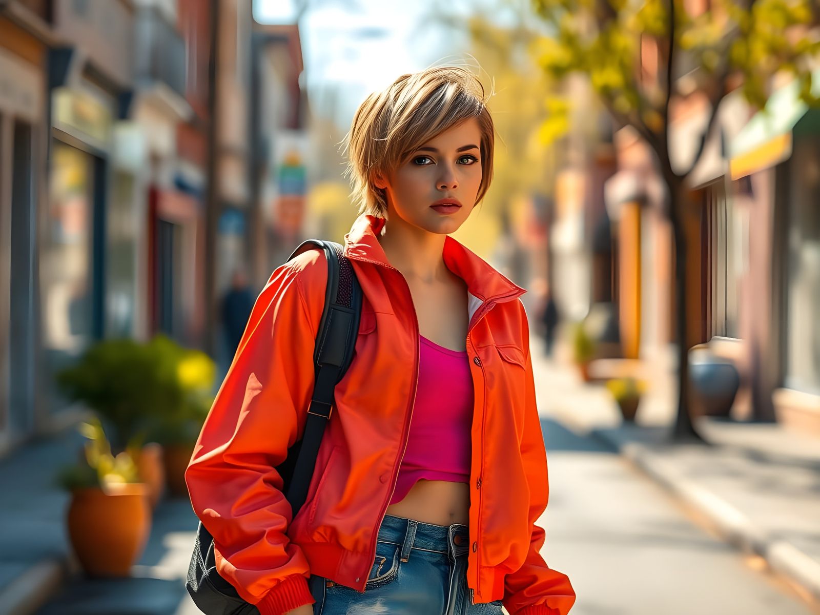 Vibrant Spring Street Scene with Beautiful Woman
