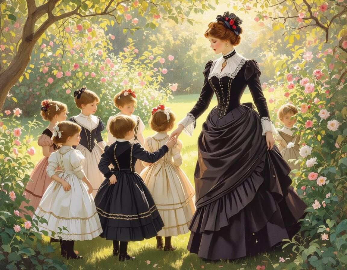 Victorian Children in Garden, Pre-Raphaelite Style