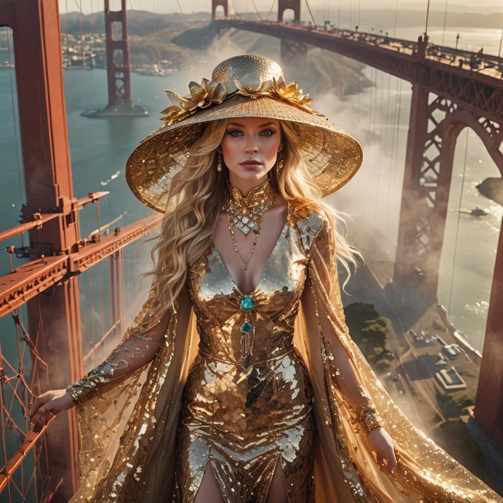 Blonde Woman in Sequins at Golden Gate Bridge
