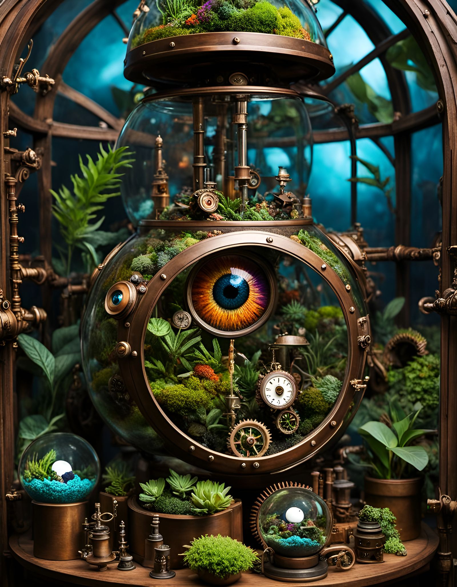 Steampunk Goblincore Terrarium With Eye, Op-Art Style