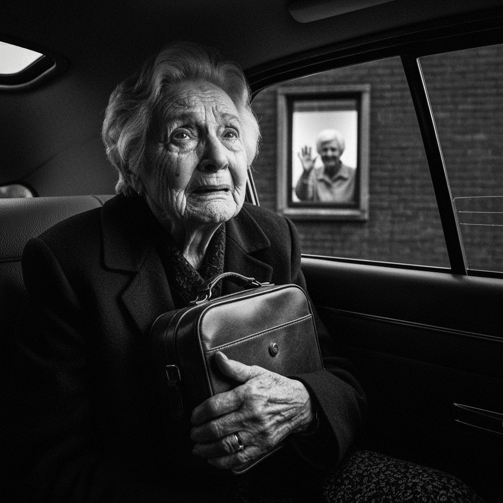 Elderly Woman's Tearful Goodbye: Evocative Black and White P...