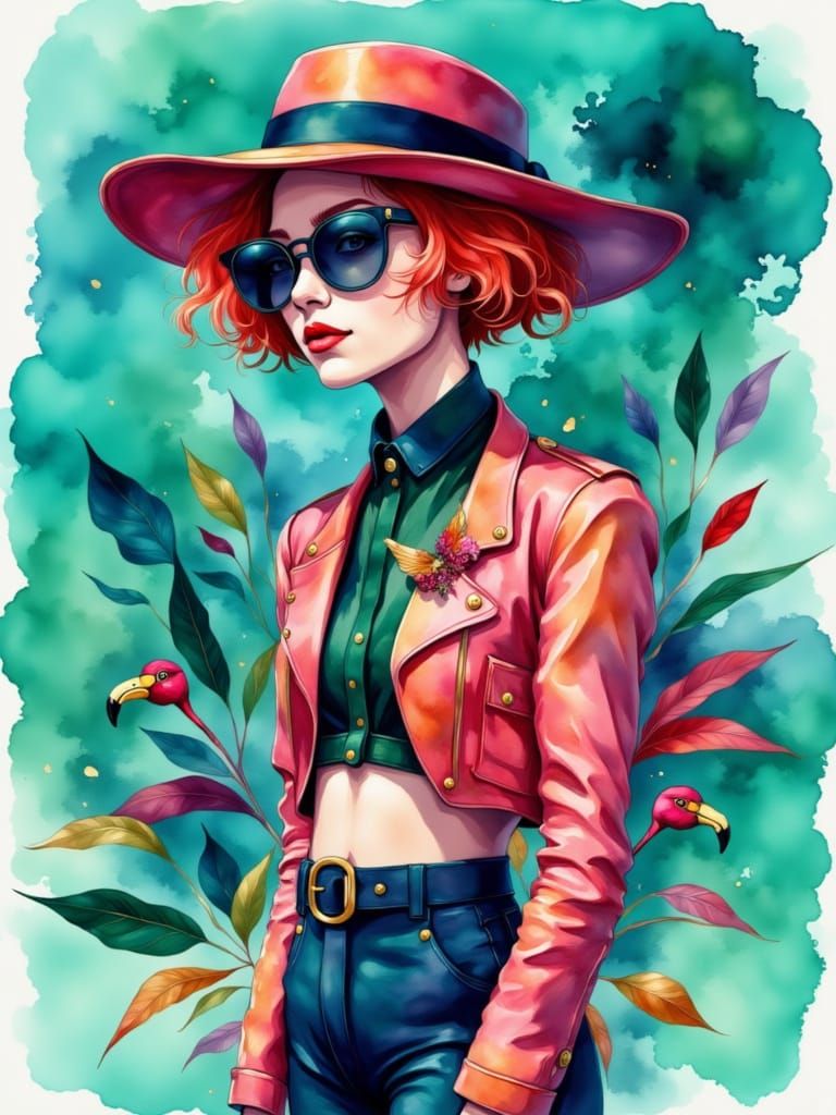 Punk Rock Flamingo in Crystal Cubism Style