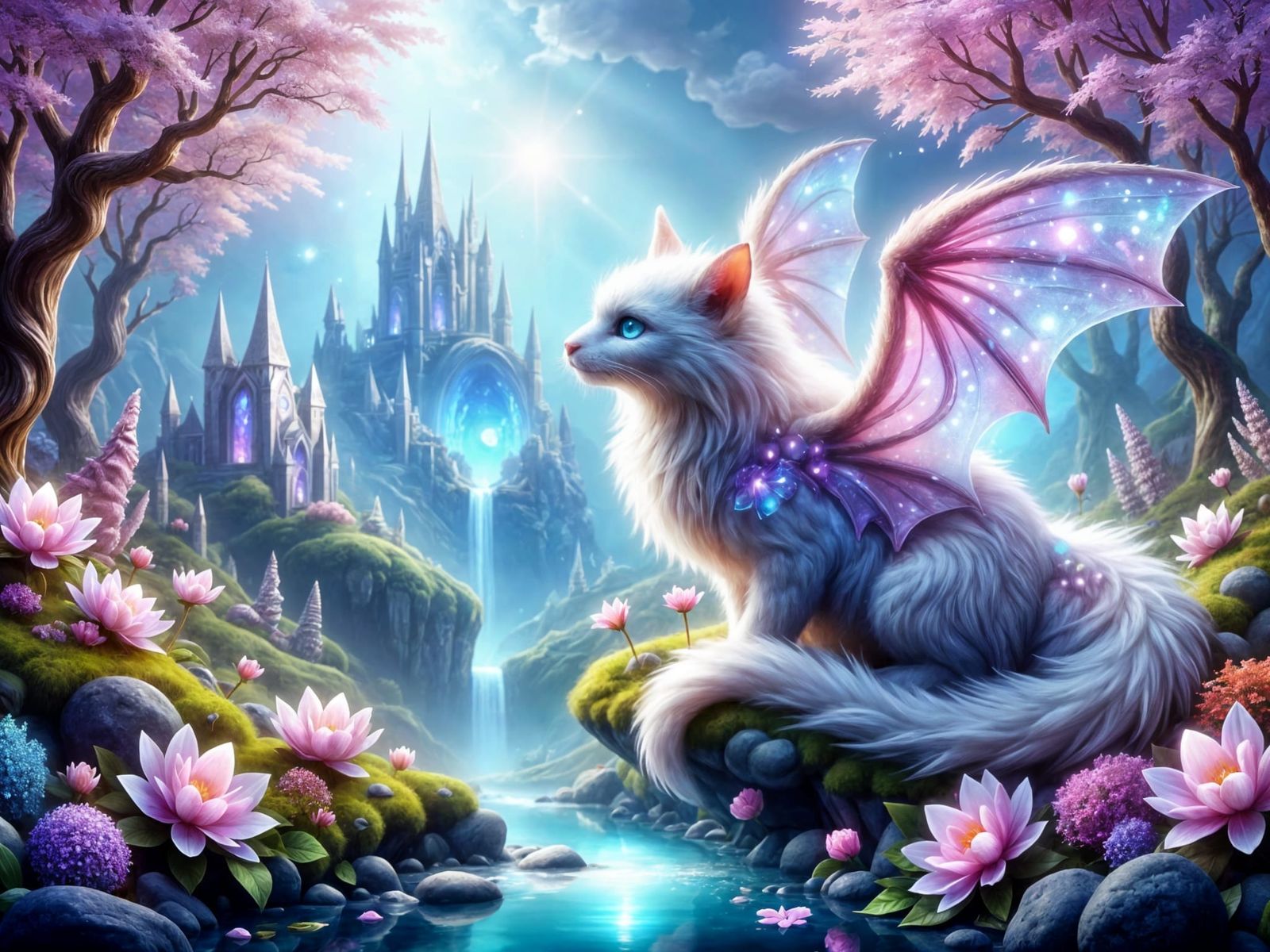 Mystical Dragon Cat Sits on Crystalline Outcrop