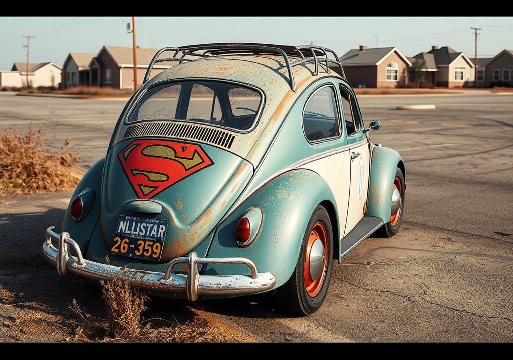 Vintage Beetle with Superman Logo in Vacant Lot