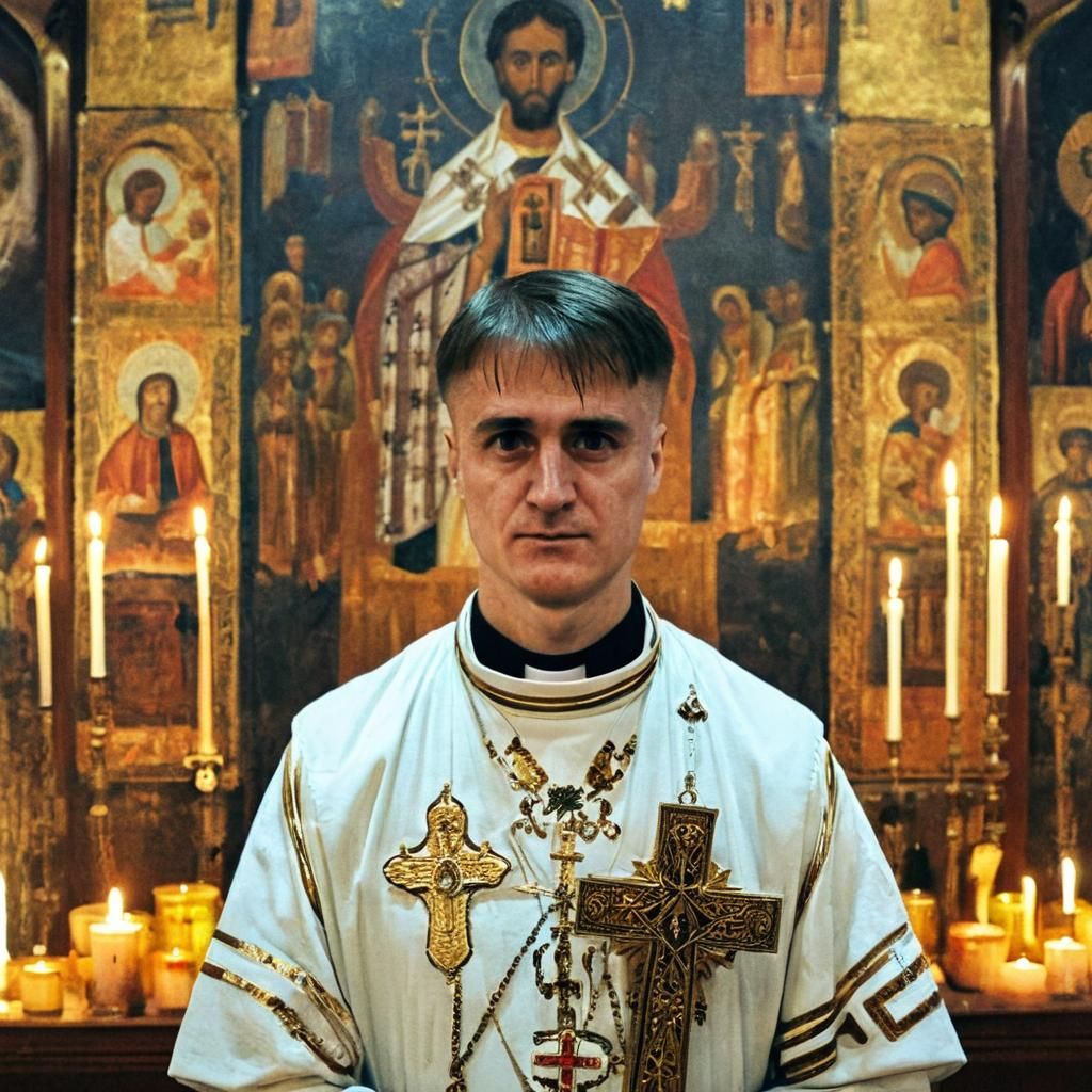 A Byzantine Orthodox Priest in a Golden Hour Church