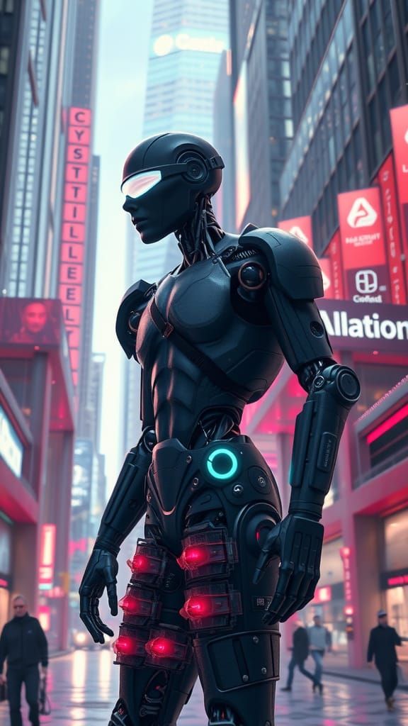 humanoid figure in a futuristic cityscape,
