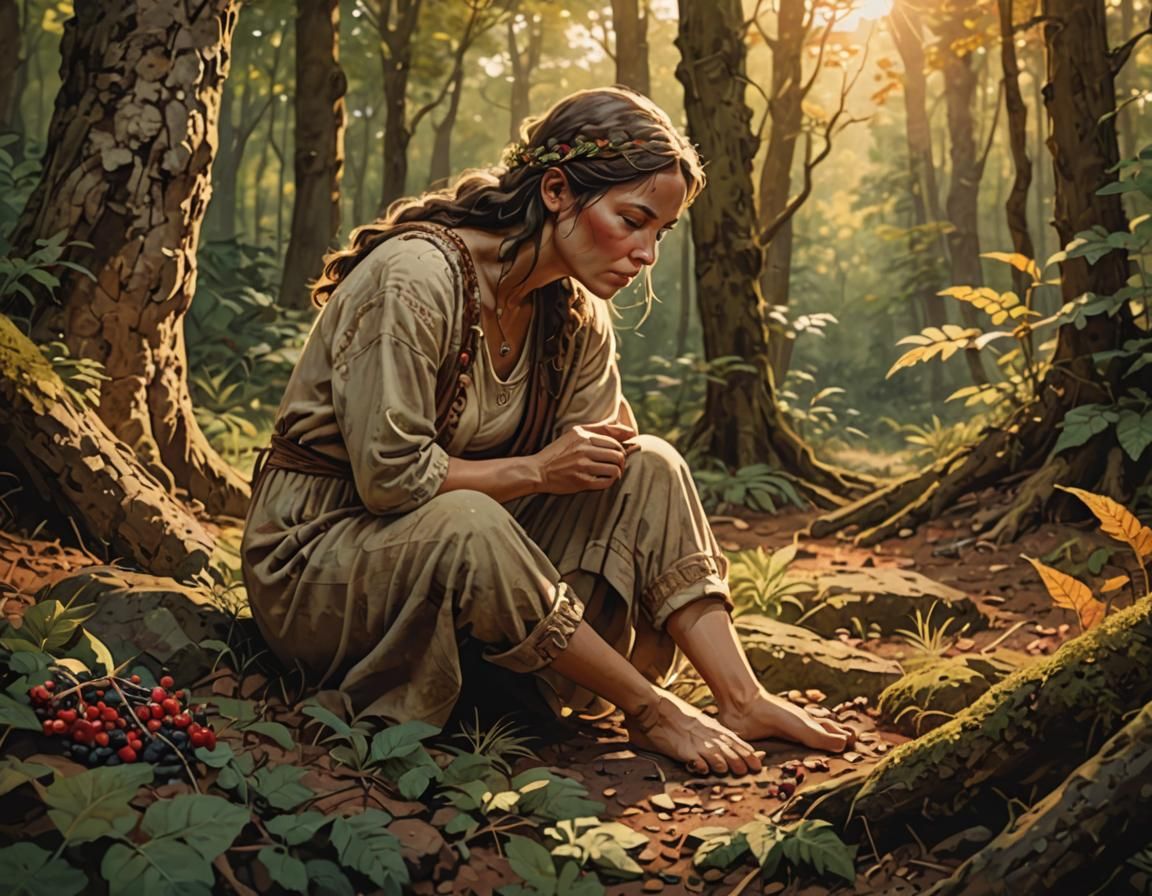 Neolithic Woman Foraging in Prehistoric Forest