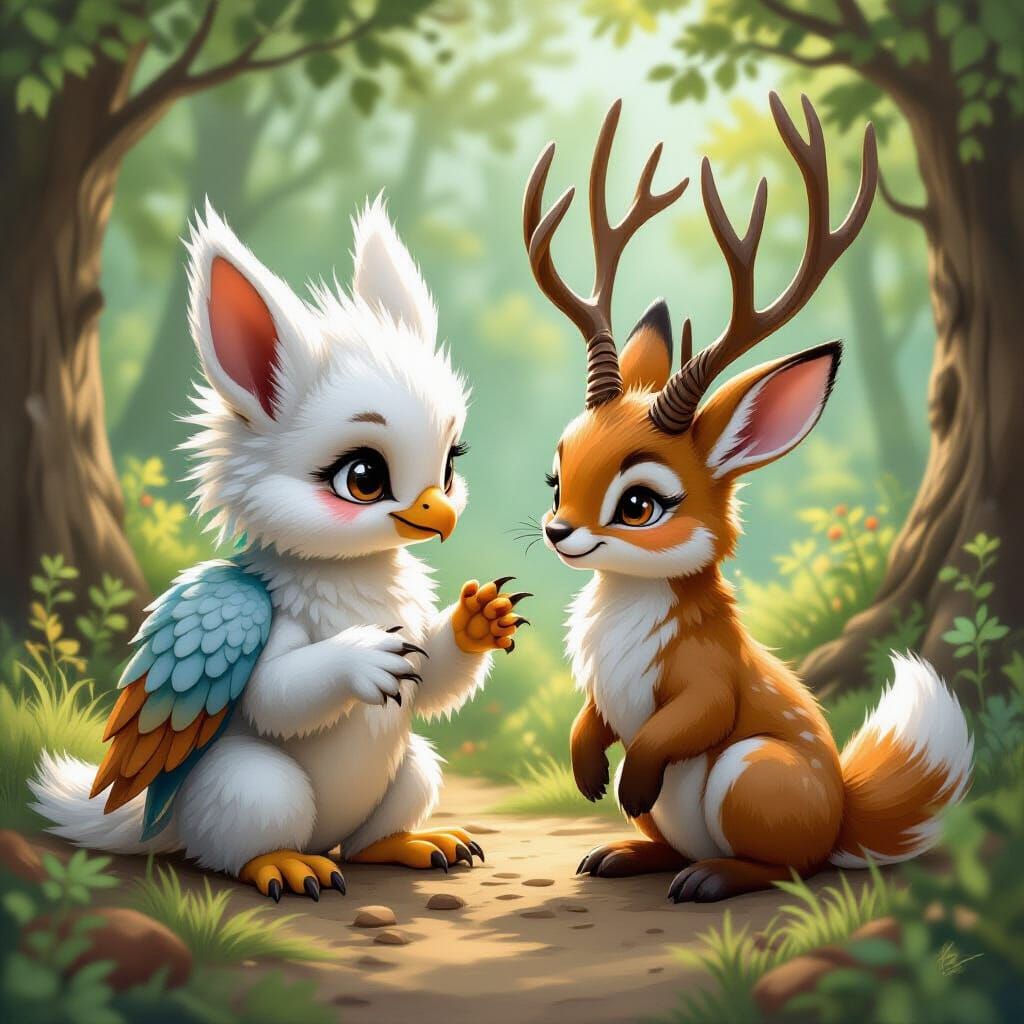 Whimsical Forest Scene: Griffin and Jackalope Friends