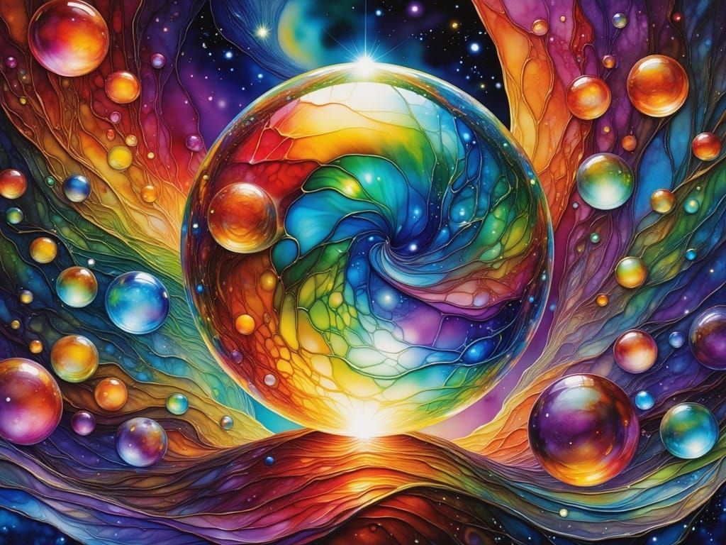 Radiant Glass Sphere in Surreal Cosmic Dreamscape