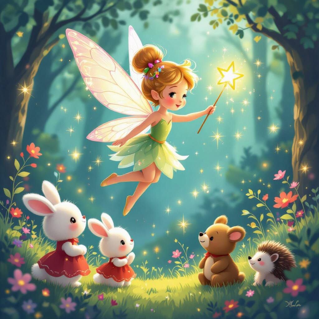 Magical Fairy in Enchanted Forest with Star Wand