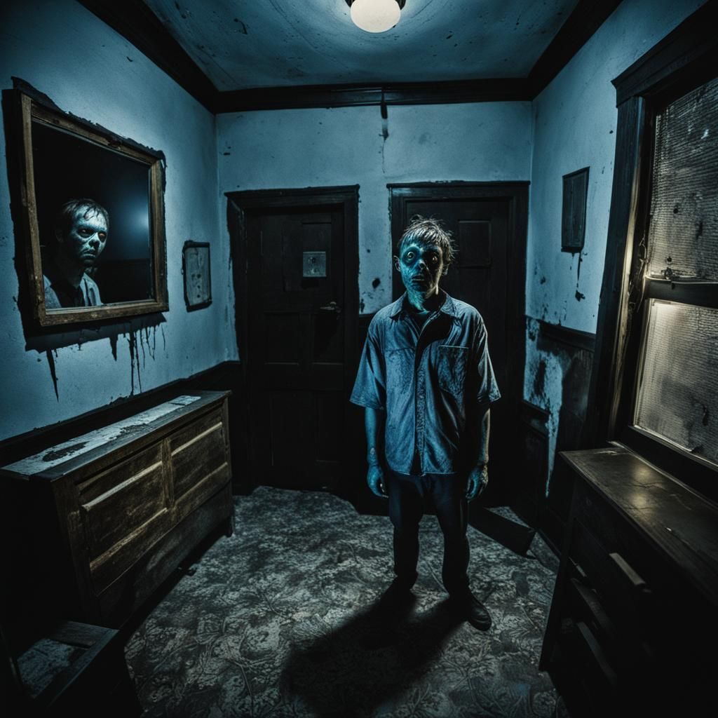 Security Footage Style Portrait in Dark Bedroom