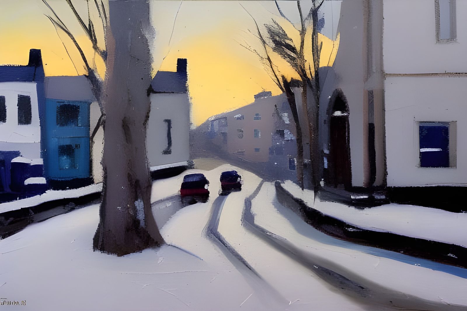 Winter Town in Impasto Style with Soft Lighting