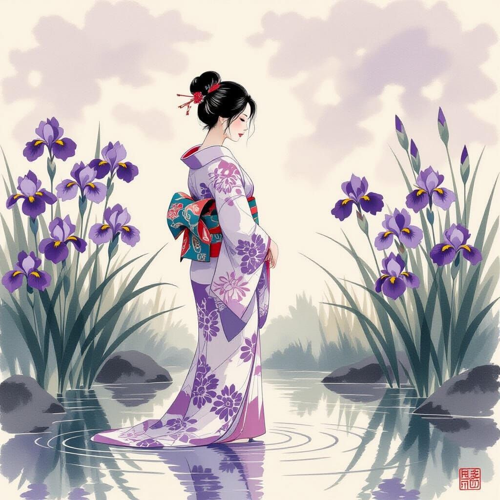 Woman in Kimono by Pond in Ukiyo-e Style