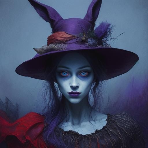 Mystical Rabbit in Red Hat: Surrealist Painting