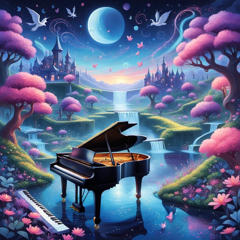 Ethereal Landscape with Piano and Mythical Elements