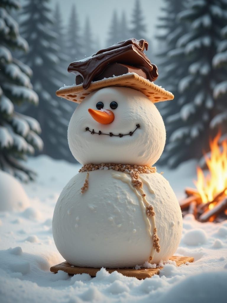 Marshmallow Snowman S'more by Campfire in Winter