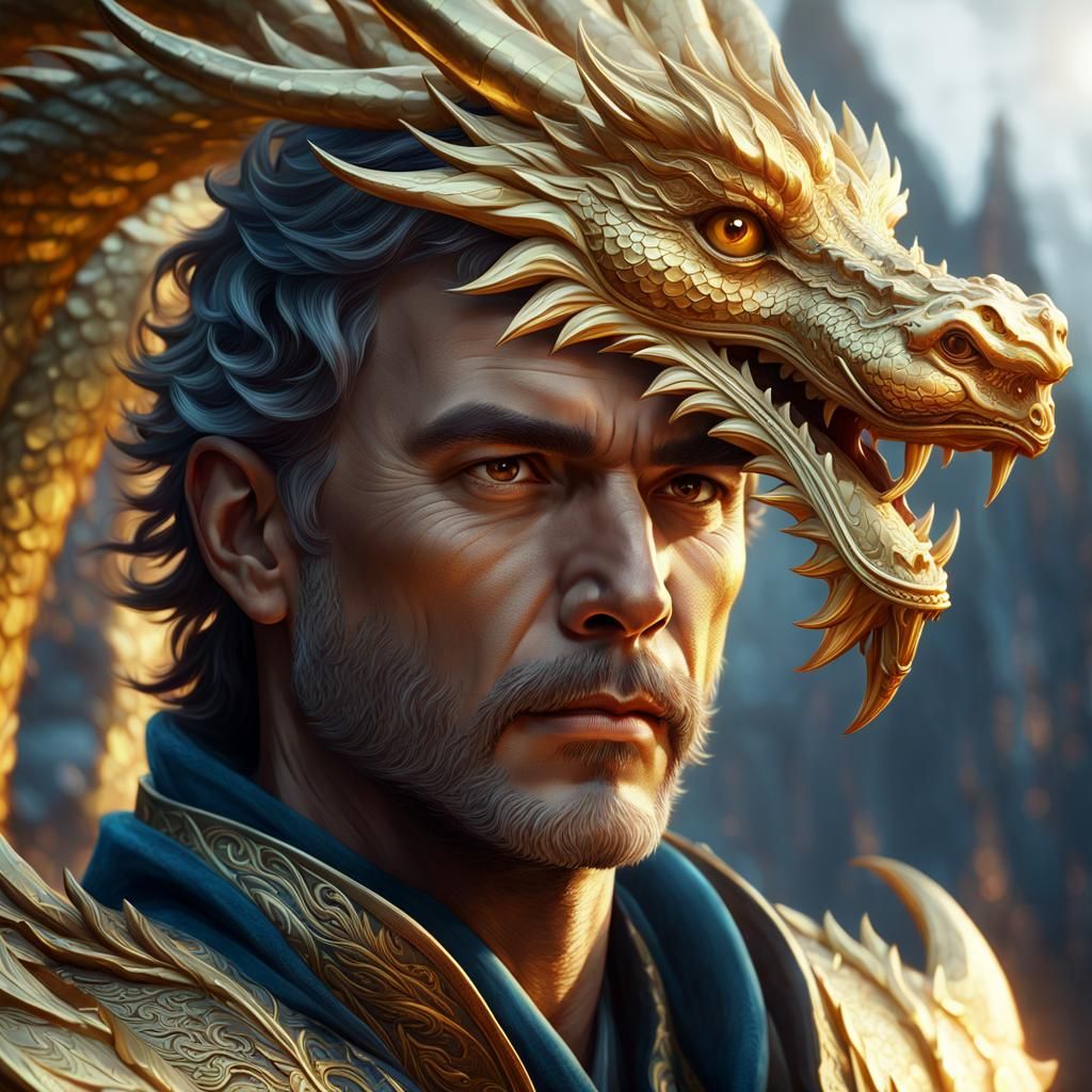 Man and Golden Dragon Concept Art Portrait
