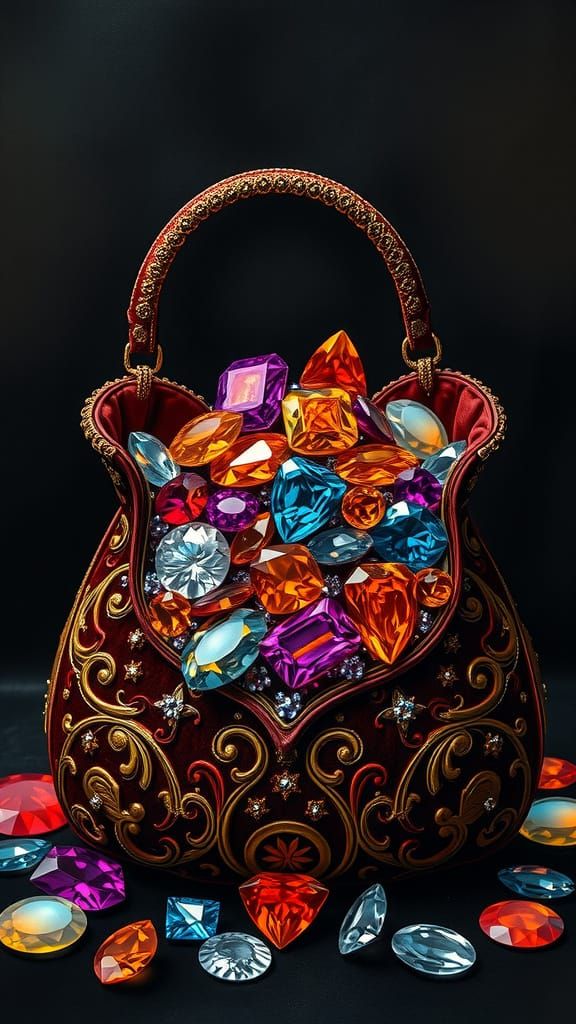 Gems Overflowing from Velvet Bag in Art Nouveau Style